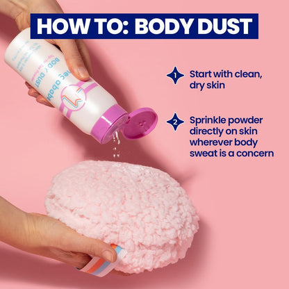 Megababe Product demonstration of body dusting with a bottle and powder on a pink background