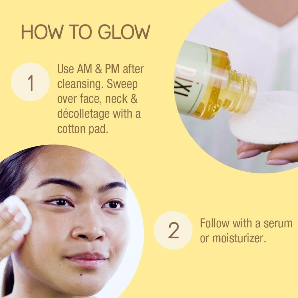 Pixi Skincare routine guide with product application instructions on a yellow background