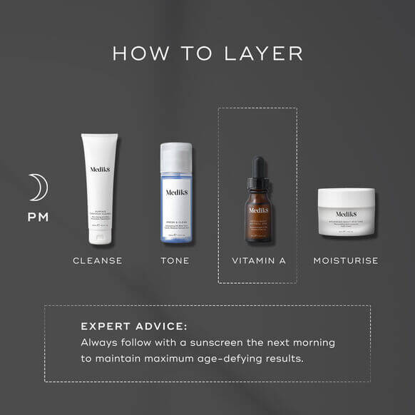 Skincare product layering guide with Medik8 brand products on a dark background