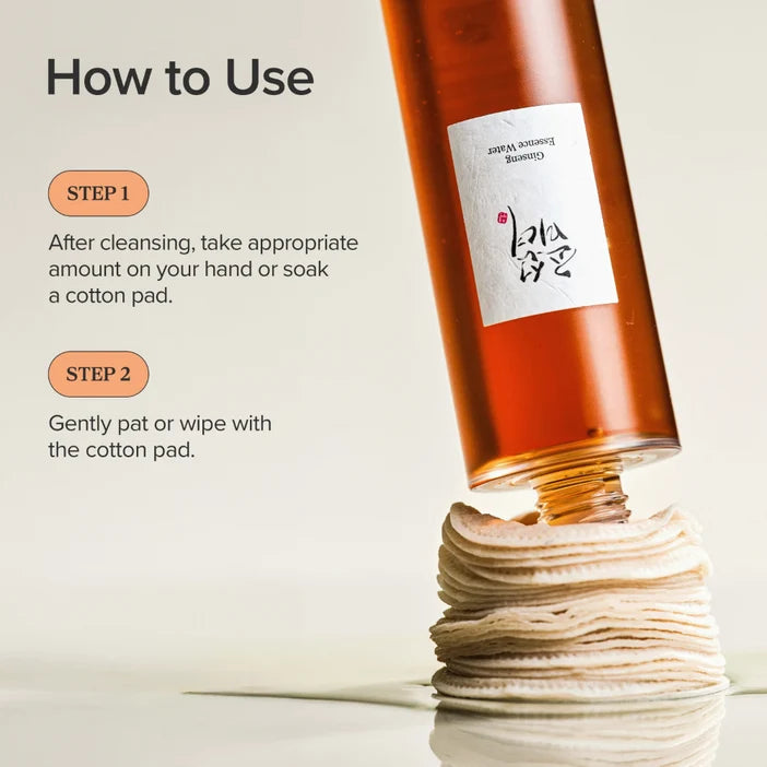 How-to-use graphic showing an amber bottle of facial toner tilted over a stack of cotton pads, with text instructions on a clean light background.