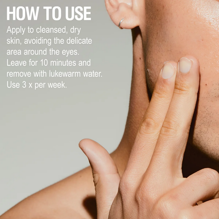 Close-up of skin being applied to Grown Alchemist with text on how to use a product.