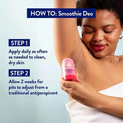 Woman applying Megababe The Smoothie Deo deodorant in a how-to guide format.