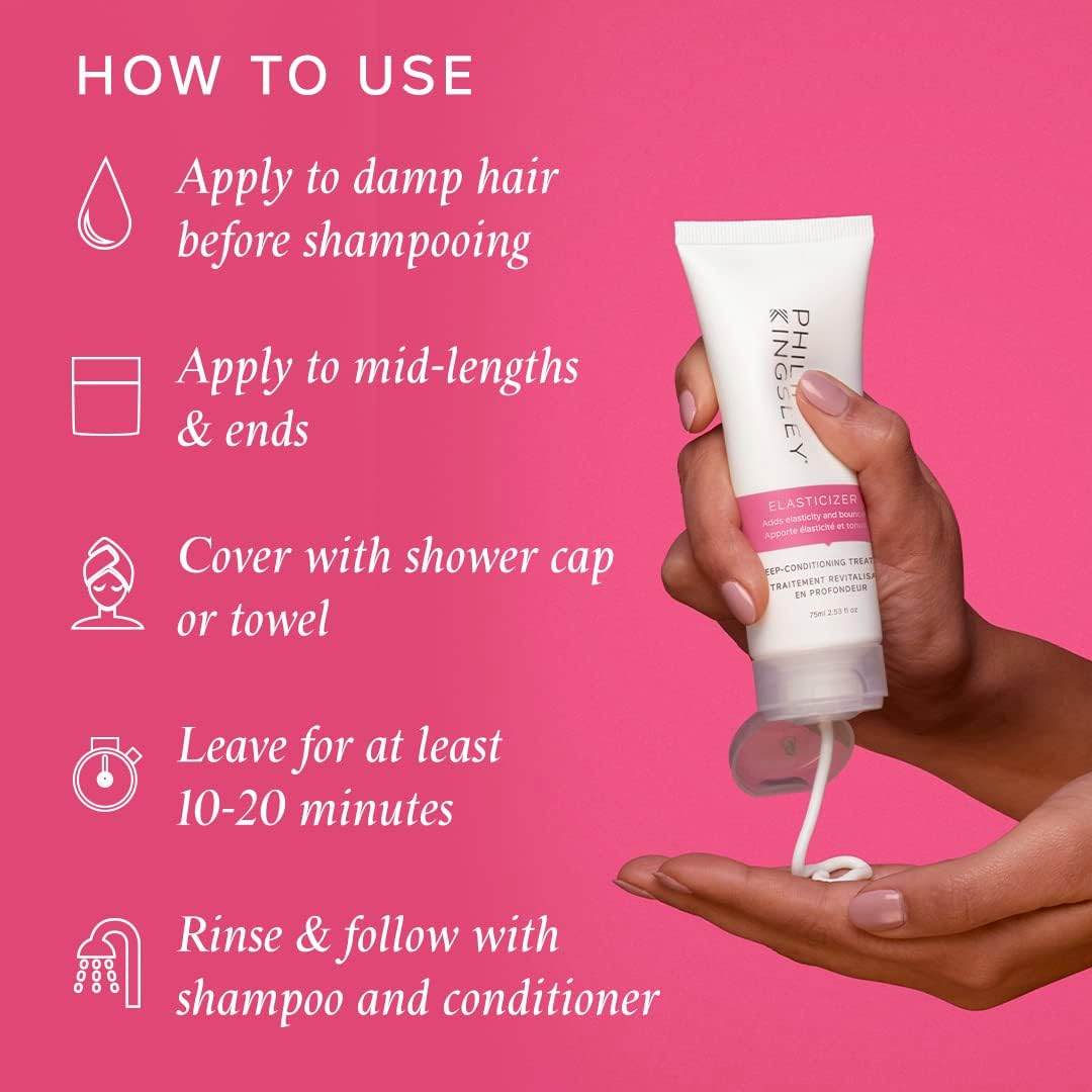Hand holding a tube of Philip shampoo with usage instructions on a pink background
