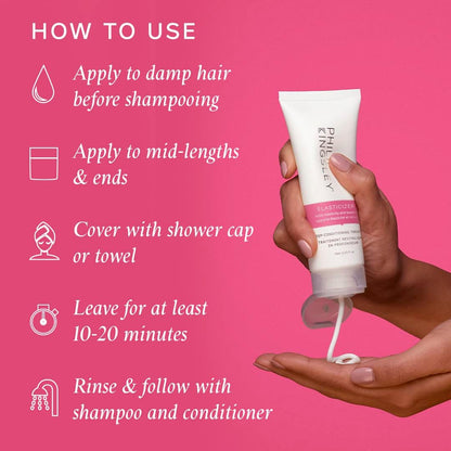 Hand holding a tube of Philip shampoo with usage instructions on a pink background