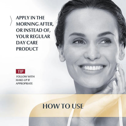 Woman applying Eucerin skincare product with text on how to use it
