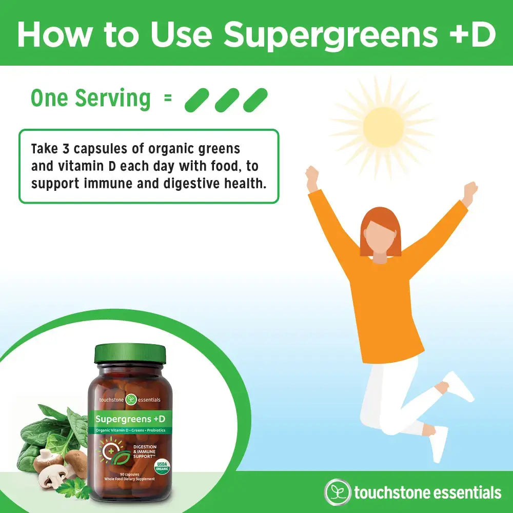 Illustration of Supergreens +D product with instructions on dosage for Touchstone Essentials immune and digestive health.