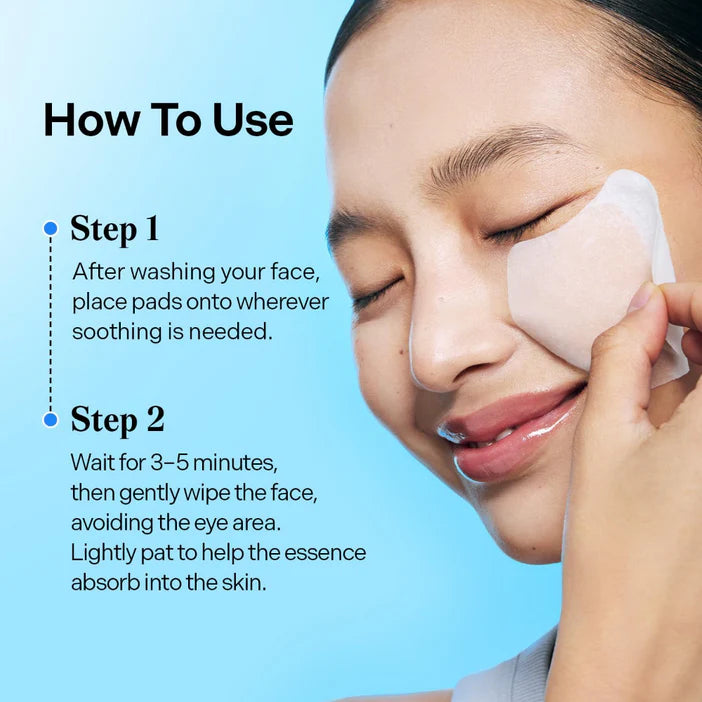 Woman using a face pad with text on how to use it against a blue background