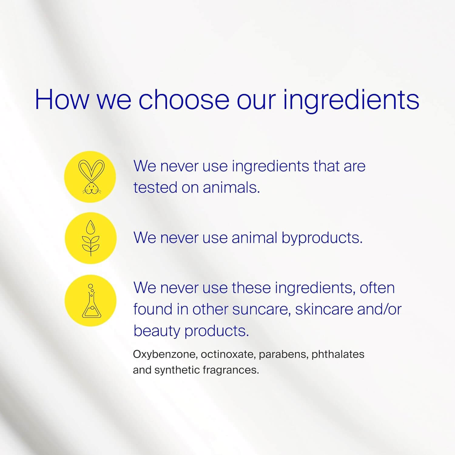 Text detailing the Supergoop brand's commitment to not using animal-tested ingredients, byproducts, or harmful chemicals in their products.