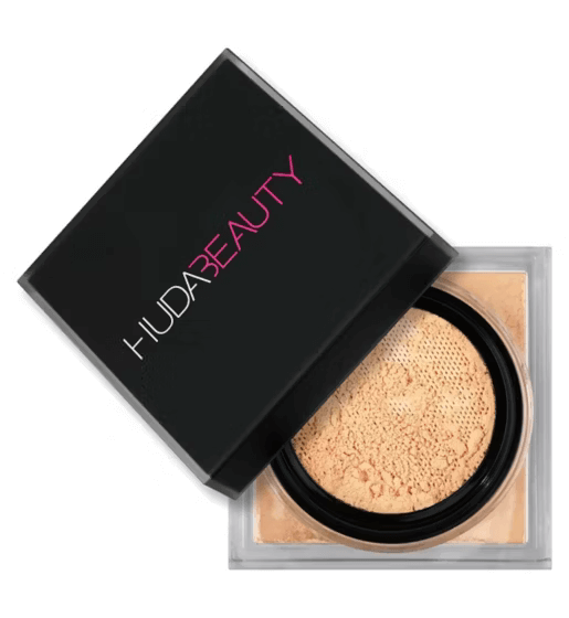 Huda Beauty Easy Bake Loose Baking & Setting Powder in chic black packaging, perfect for a flawless matte finish.