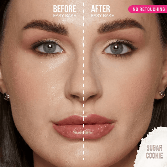 Before and after using Huda Beauty Easy Bake Loose Powder, showing a flawless matte finish.