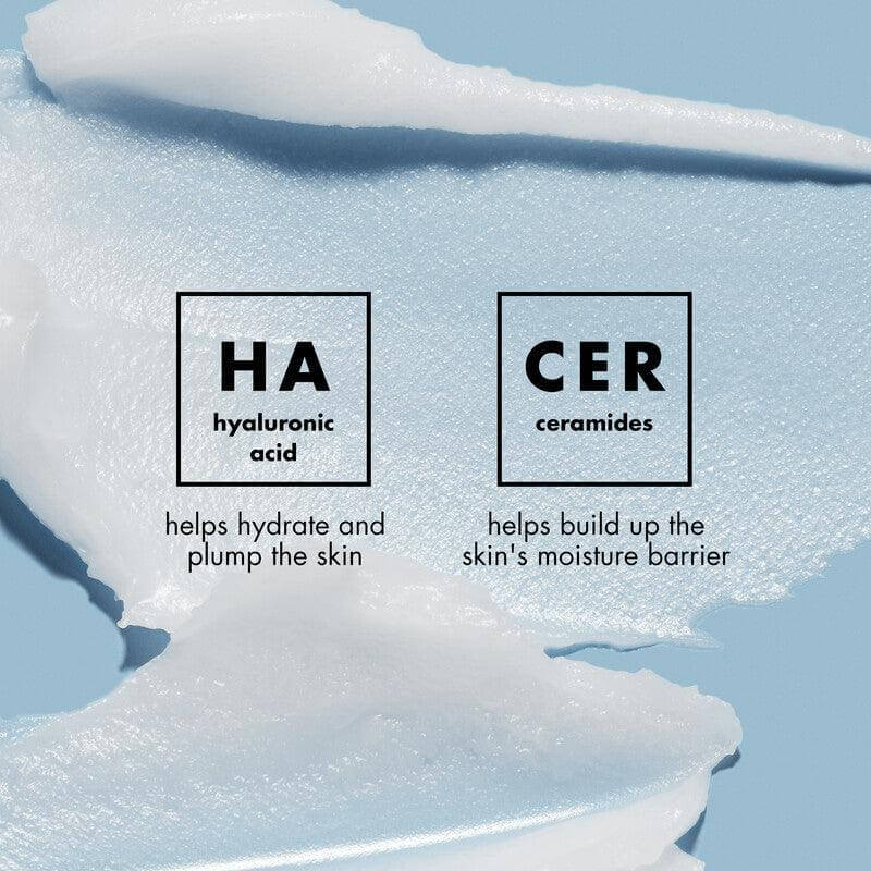 Close-up of creamy skincare ingredient descriptions: Hyaluronic Acid for hydration and Ceramides for moisture barrier.