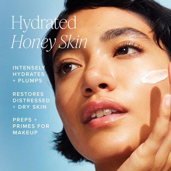 Woman applying Farmacy cream to her face with text about hydrating skin on a blue background