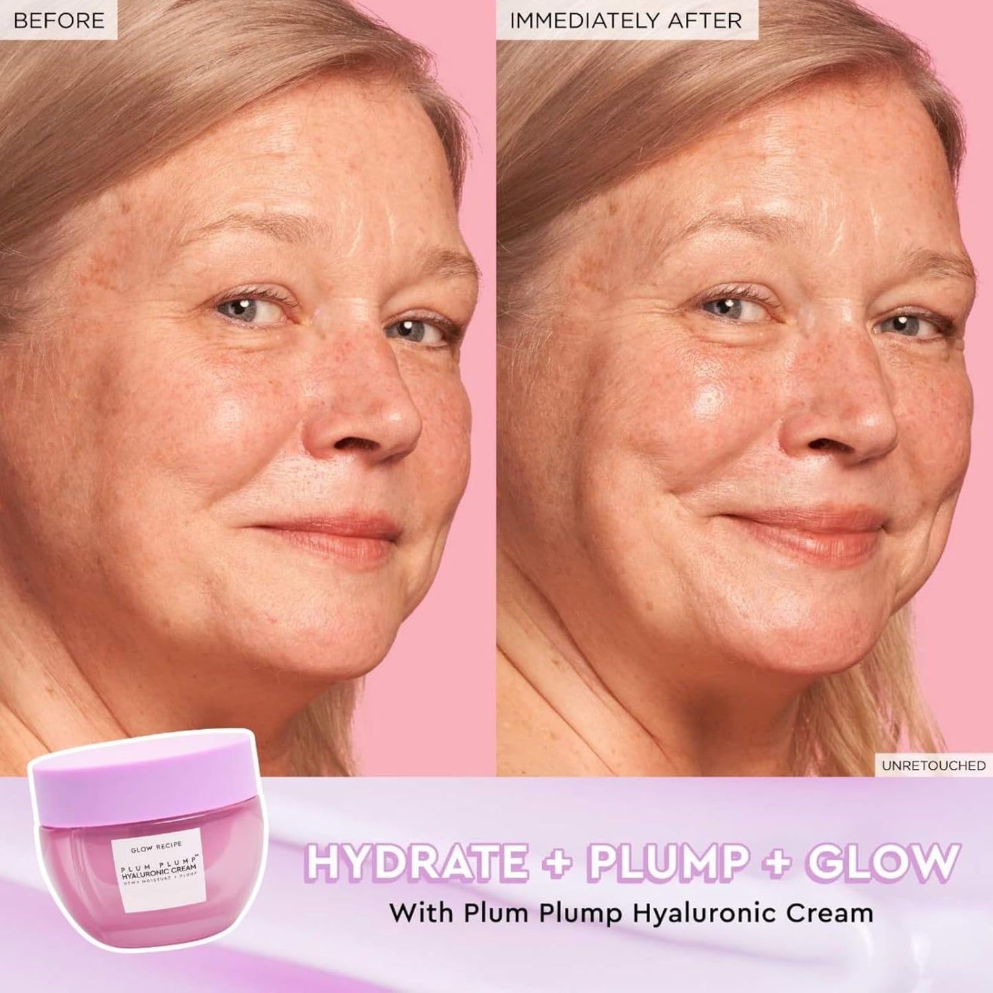 Before and after comparison of a woman's face with Glow Recipe product labeled 'Hydrate + Plump + Glow' on a pink background.