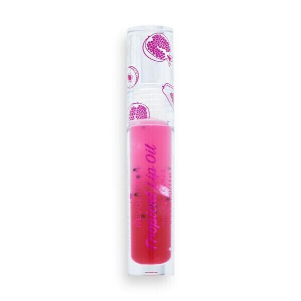 I Heart Revolution Tasty Tropical Lip Oil in Pomegranate, hydrating rollerball with a bright pink tint and fruity scent.