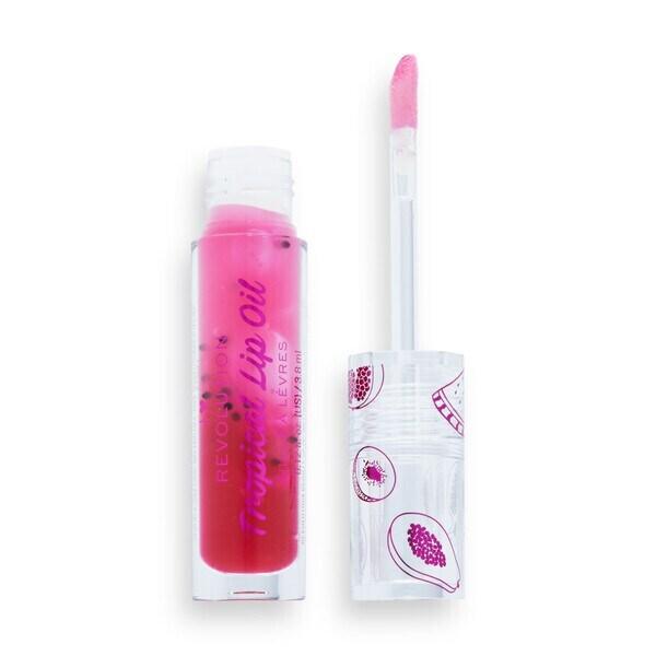 I Heart Revolution Tasty Tropical Lip Oils Pomegranate with rollerball applicator, showcasing vibrant pink color.