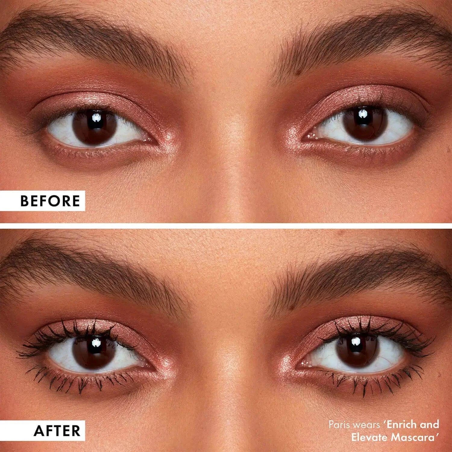Before and after showing the effect of ICONIC London Enrich and Elevate Mascara on eyelashes for a wide-eyed look.