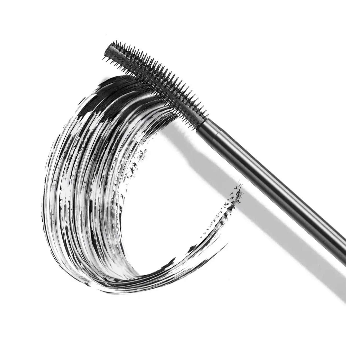 Close-up of ICONIC London Enrich and Elevate Mascara wand with jet-black mascara swatch on white background.