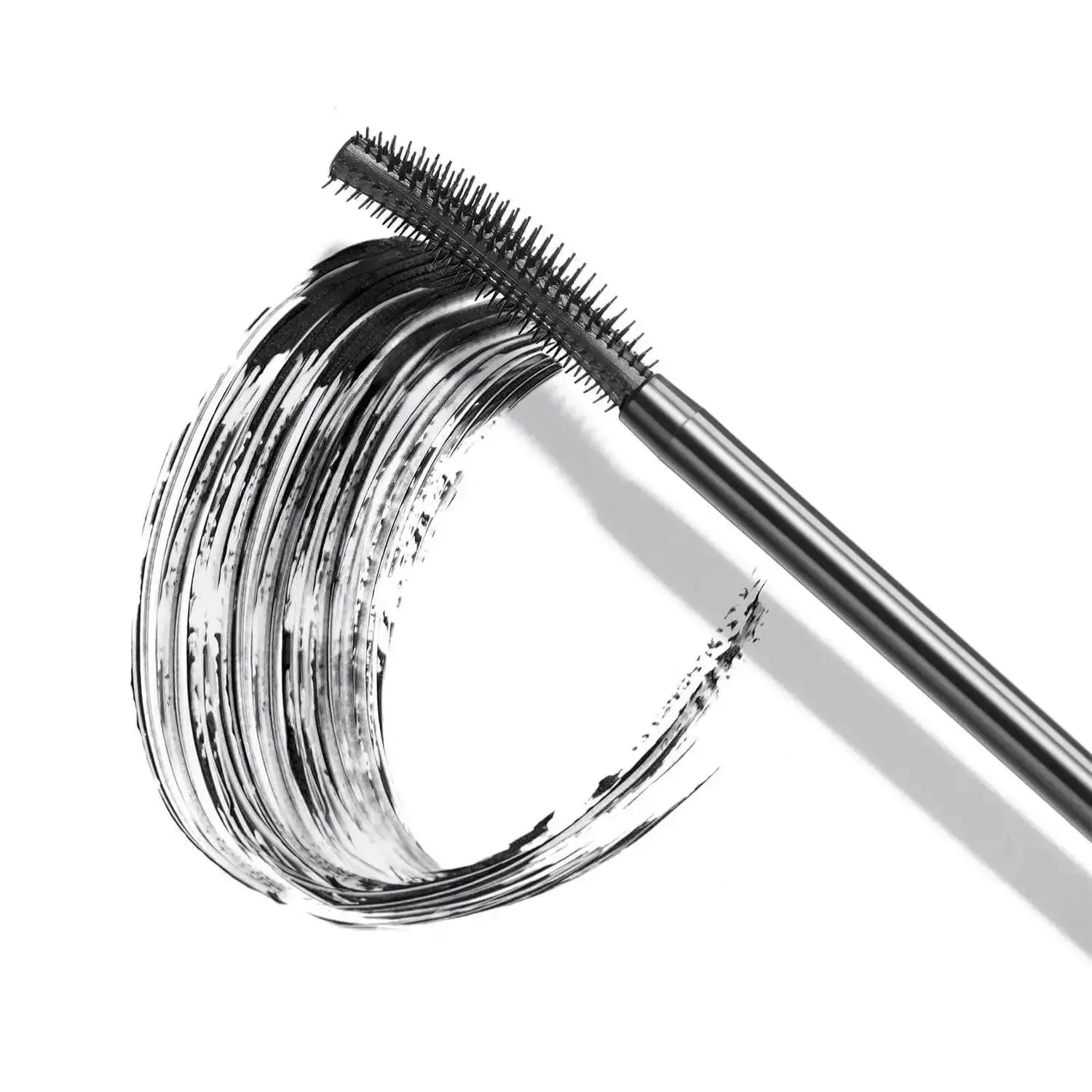 Close-up of ICONIC London Enrich and Elevate Mascara wand with jet-black mascara swatch on white background.