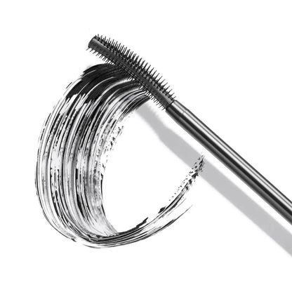 Close-up of ICONIC London Enrich and Elevate Mascara wand with jet-black mascara swatch on white background.