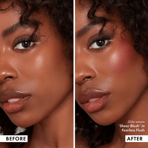 Before and after photo showcasing ICONIC London Sheer Blush in Fearless Flush for a radiant glow.