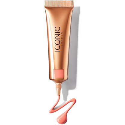 ICONIC London Sheer Blush Rose Riot in gold tube with pink liquid, delivering a radiant, dewy blush for all skin tones.
