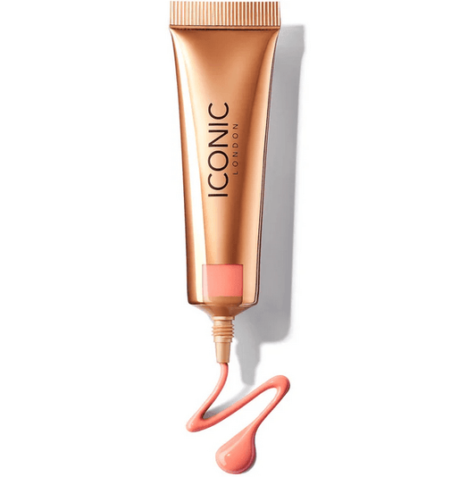 ICONIC London Sheer Blush Rose Riot in gold tube with pink liquid, delivering a radiant, dewy blush for all skin tones.