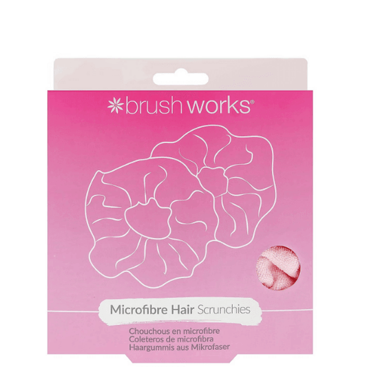 Pack of 2 Brushworks Microfibre Hair Scrunchies in pink packaging, designed for moisture absorption and hair care.