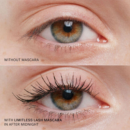 Comparison of eyelashes without and with ILIA Limitless Lash Mascara in After Midnight, showcasing stunning results.