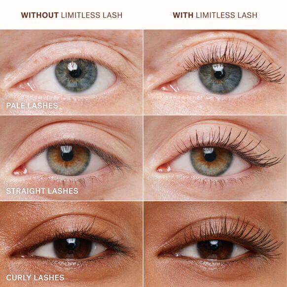 Comparison of lashes with and without ILIA Limitless Lash Mascara showcasing enhanced volume and length.