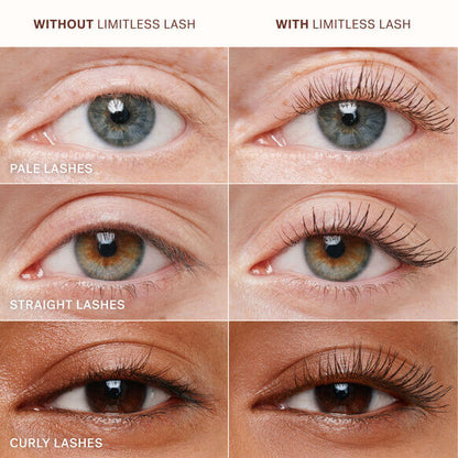 Comparison of lashes with and without ILIA Limitless Lash Mascara showcasing enhanced volume and length.