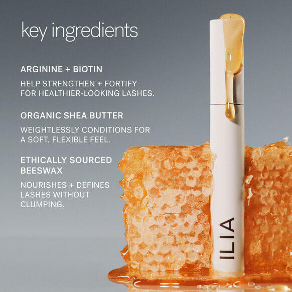 ILIA Limitless Lash Mascara with key ingredients: arginine, biotin, shea butter, and ethically sourced beeswax.