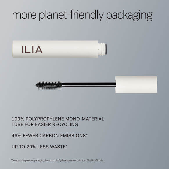 ILIA Limitless Lash Mascara in eco-friendly packaging highlighting 100% recyclable tube and reduced carbon emissions.