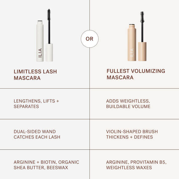 Comparison of ILIA Limitless Lash Mascara and Fullest Volumizing Mascara features, benefits, and ingredients.