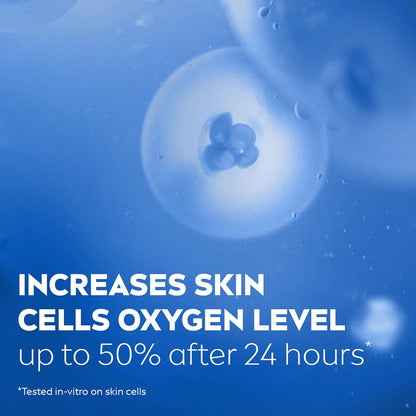Close-up of skin cells with text about increasing oxygen levels, on a blue background.