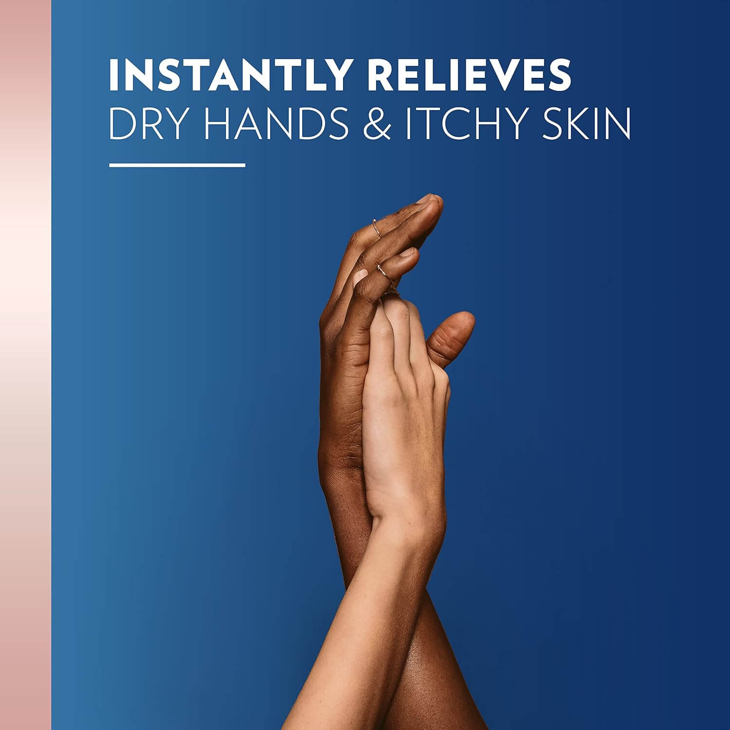 Two hands of different skin tones against a blue background with text about skin care.