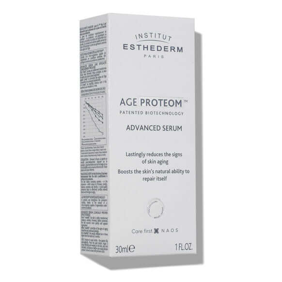 Institut Esthederm Age Proteom Advanced Serum box, 30ml, anti-aging skincare, boosts skin repair and vitality.