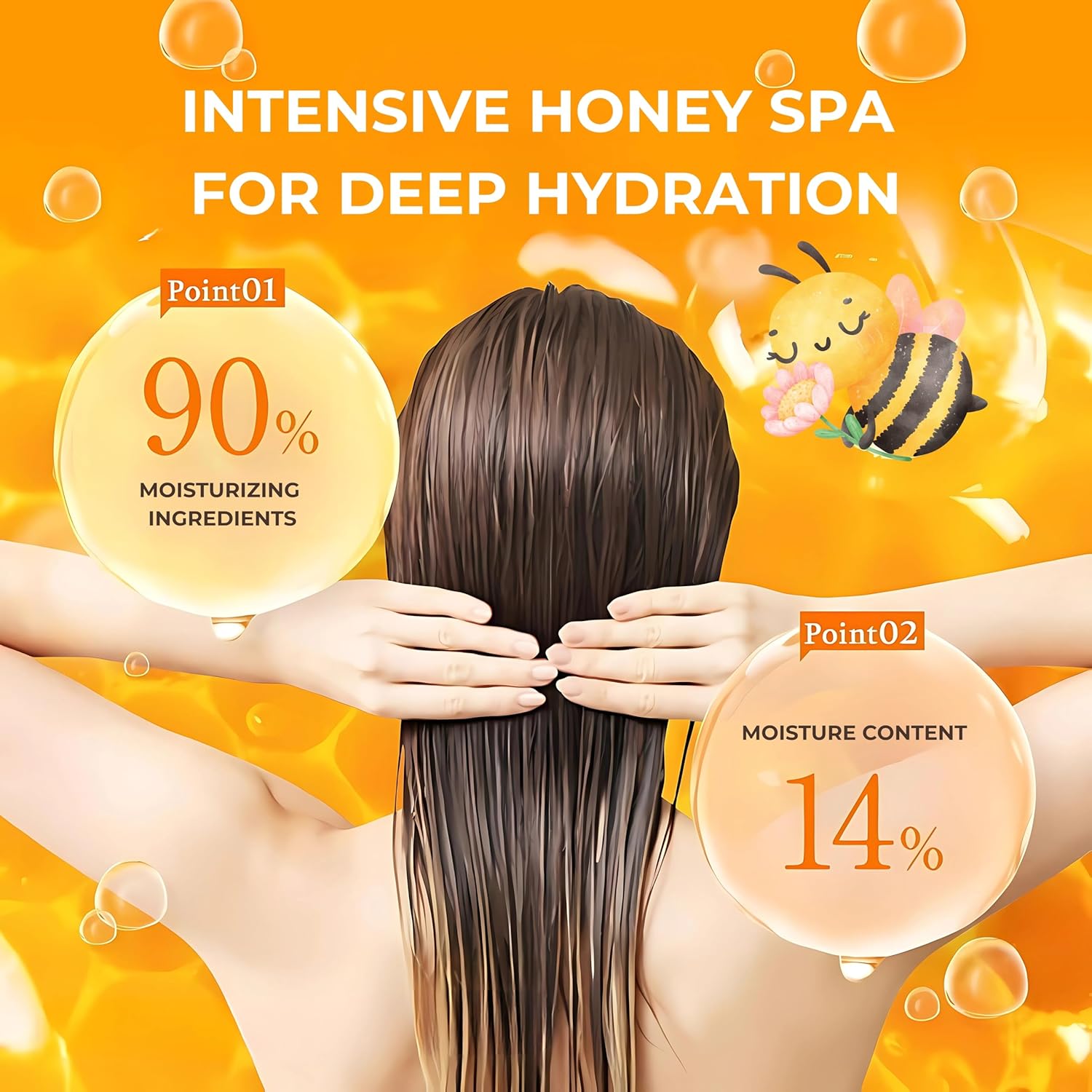 Promotional image of an intensive &honey spa treatment for deep hydration with a woman's back and honey graphics.