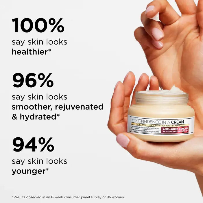 Hand holding a IT Cosmetics jar of cream with statistics on skin health improvements.