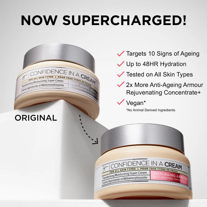 Two jars of IT Cosmetics  'Confidence in a Cream' with text highlighting features on a light gray background