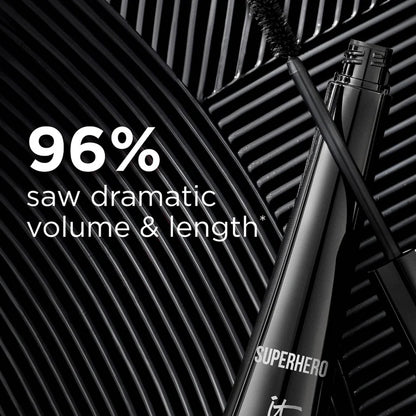 Black mascara with brush on a textured black background, featuring text about volume and length. IT Cosmetics 