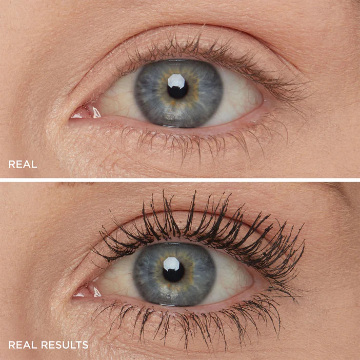 Close-up of a person's eye with and without eyelashes, labeled 'Real' and 'Real Results'. IT Cosmetics 