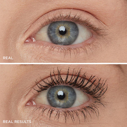 Close-up of a person's eye with and without eyelashes, labeled 'Real' and 'Real Results'. IT Cosmetics 