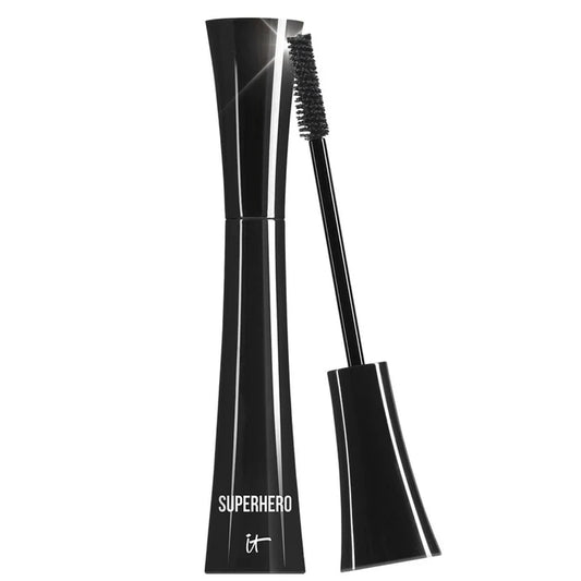 IT Cosmetics  Black mascara with brush and 'SUPERHERO' text on a white background
