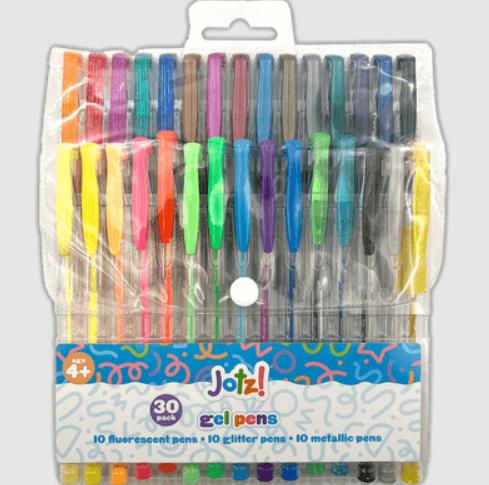 Jotz! gel pens pack of 30 featuring vibrant colors including glitter, metallic, and fluorescent options for drawing and writing.