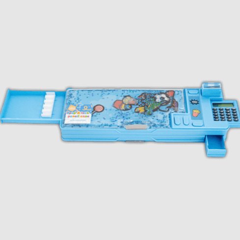 Blue Pop & Lock Pencil Case with built-in calculator and sharpener, designed for organized stationery storage.