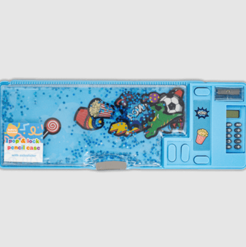 Vibrant blue Pop & Lock pencil case featuring fun designs, built-in calculator, and sharpener for students and creatives.