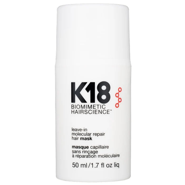 K18 biomimetic hairscience leave-in molecular repair hair mask bottle on a white background