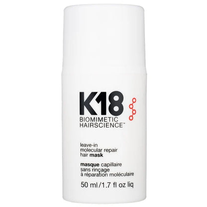 K18 biomimetic hairscience leave-in molecular repair hair mask bottle on a white background