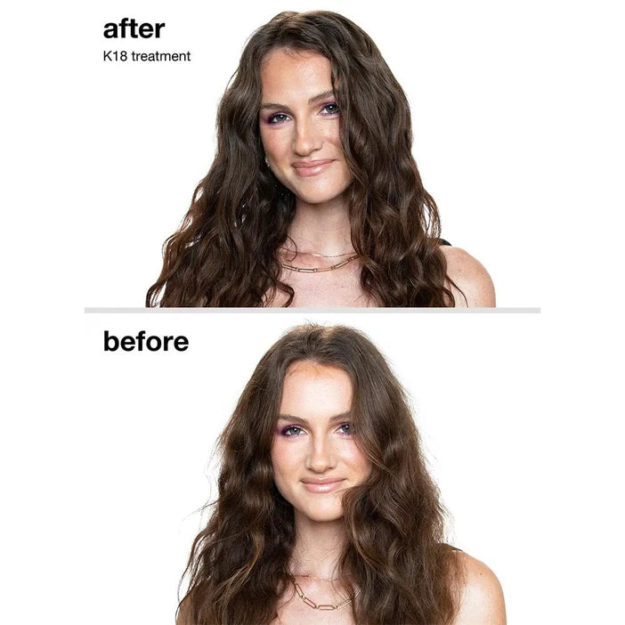 Before and after comparison of a woman's hair with K18 treatment.