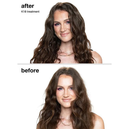 Before and after comparison of a woman's hair with K18 treatment.